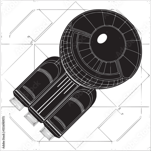 Overhead view of a black and white schematic drawing of a spaceship with three engines and a disc