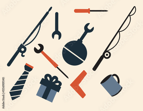 Assorted father's day icons including fishing rods tools a tie gift and a mug on a beige background