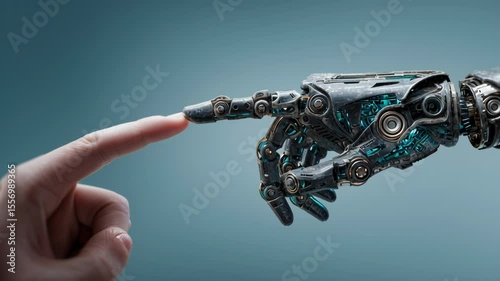 Human hand reaching to touch robotic finger, symbolizing connection between technology and humanity, futuristic concept.