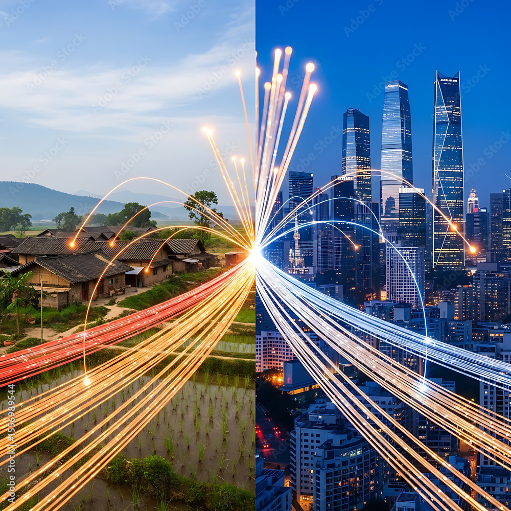 Obraz premium Connecting Rural Village to Modern City with Technology