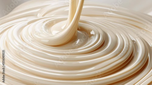 Silky cream swirling on smooth surface, rich texture blending subtly, ideal for culinary designs or artistic backgrounds.