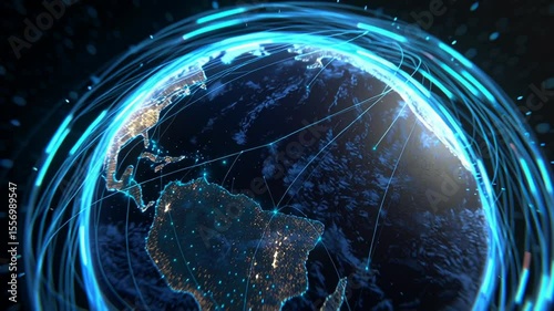 Illuminated globe with glowing blue outlines, digital earth representation, global connectivity theme, ample space for text.