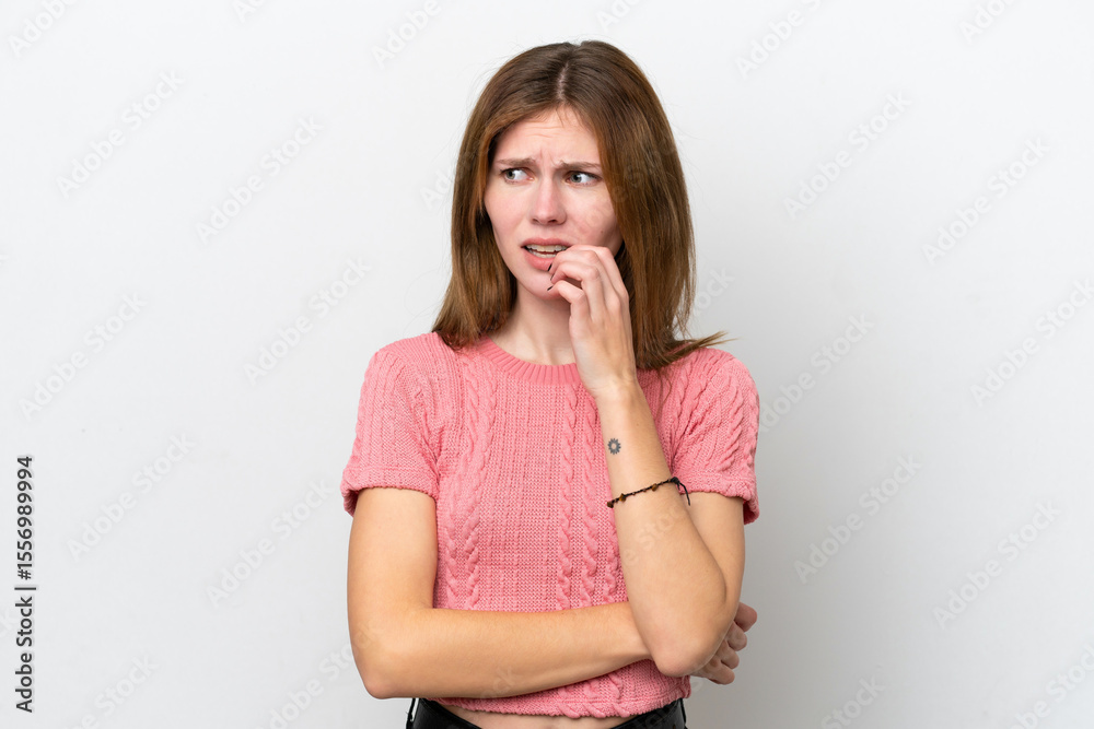 Young English woman isolated on white background nervous and scared Young English woman isolated on white background nervous and scared