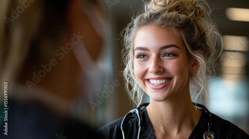 Close-up portrait of a young woman with blonde hair tied up in a messy bun. she is wearing a black scrub top and a stethoscope around her neck.