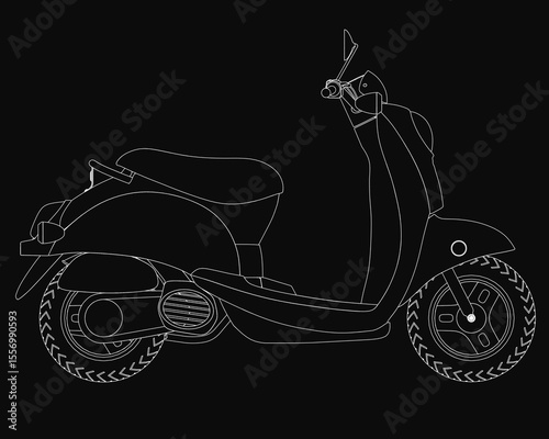 A sleek black and white scooter stands out against a dark background with crisp white accents. The modern design features detailed handlebars, a smooth seat, and stylish wheels.