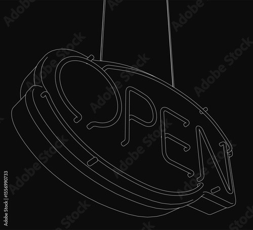 Black and white neon sign spelling "open" hangs from a thin string, glowing softly against a dark, moody background. The retro typography creates a vintage aesthetic, perfect for cafe or shop.