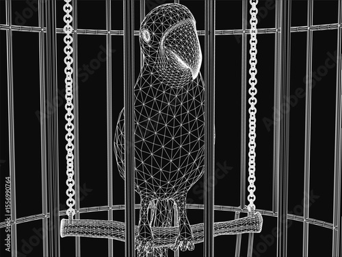 A black and white parrot sits inside a metal cage with a chain around its neck, perched on a wooden branch. The detailed drawing emphasizes the bird's confinement and textured feathers.