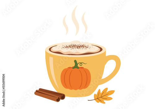 Steaming mug with pumpkin icon and cinnamon foam on white background