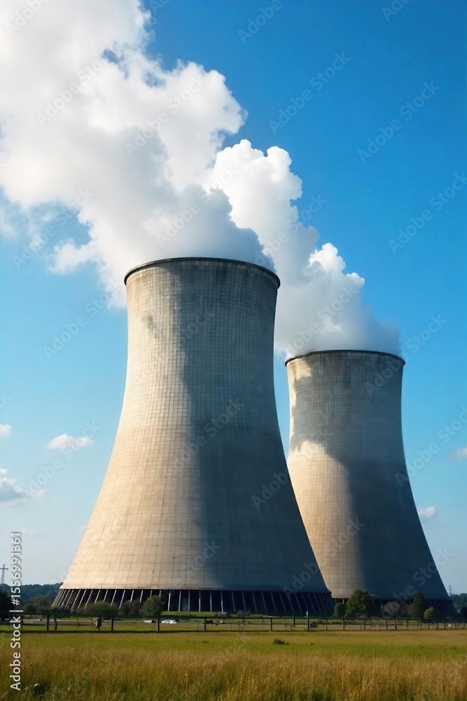 Modern Power Plant Cooling Towers Billowing Steam Against a Blue Sky, showcasing industrial energy production and environmental impact. Modern Power Plant Cooling Towers Billowing Steam Against a Blue Sky, showcasing industrial energy production and environmental impact.