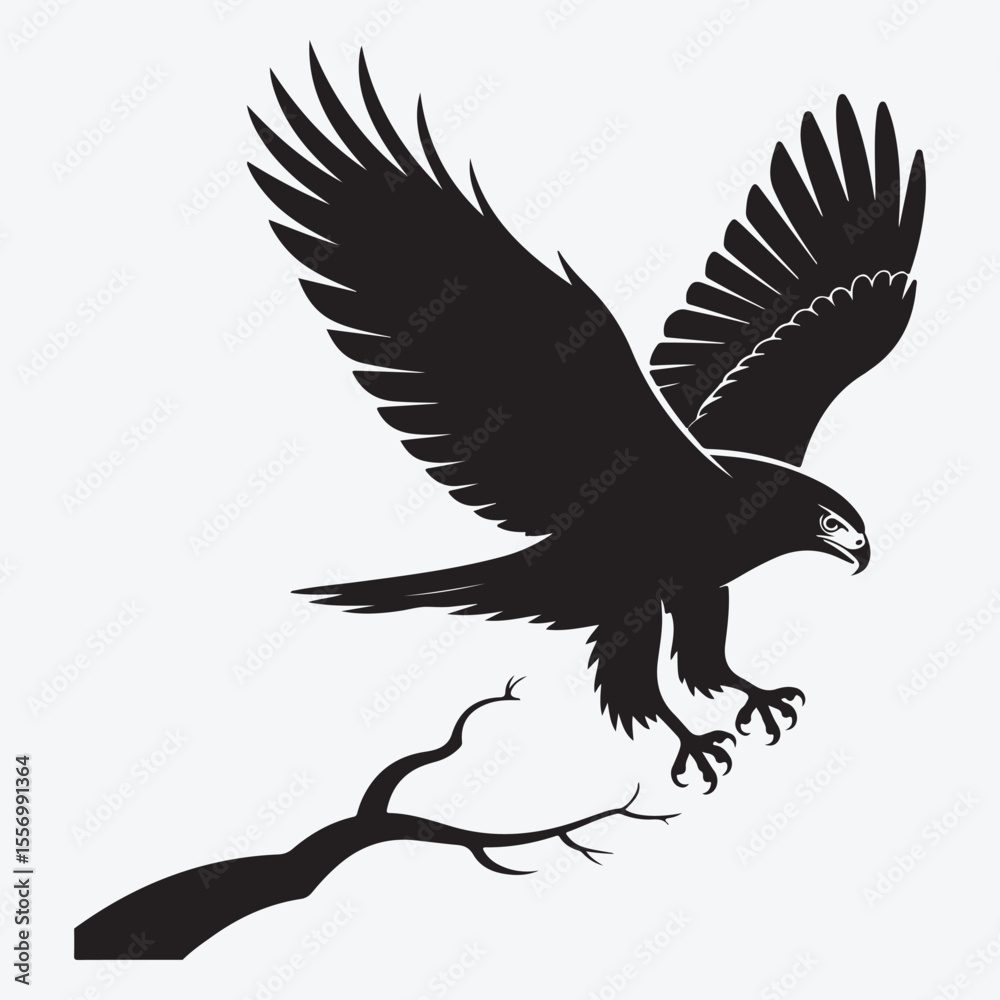 Obraz premium Black silhouette of an eagle landing on a branch vector art