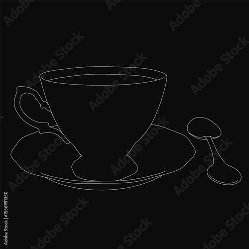 A black and white drawing of a steaming cup of coffee on a saucer with a decorative circle pattern, accompanied by a spoon. The simple yet elegant illustration captures the warmth and comfort