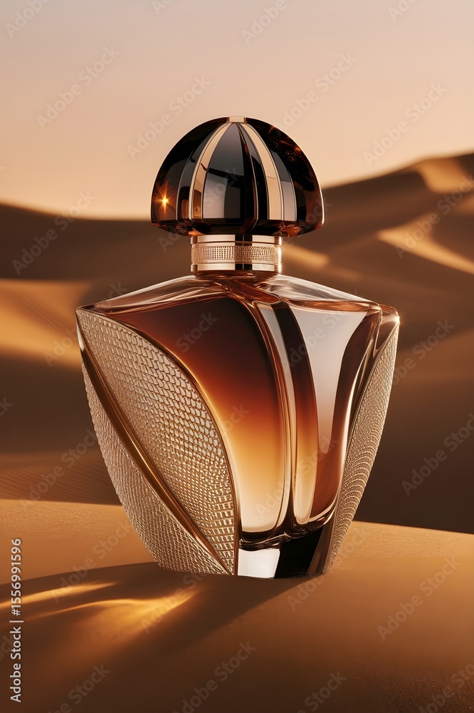 Obraz premium luxury perfume bottle, intricately designed with a faceted, iridescent body that reflects a spectrum of colors. warm background in desert brown