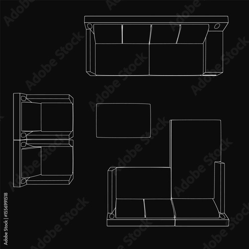 Black line drawing of a sofa and chair on a dark background, showcasing detailed blueprint-style furniture design with clean outlines and minimalist aesthetic.