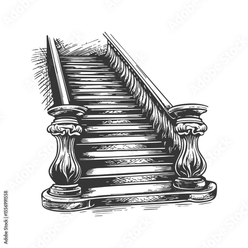 Elegant Staircase With Ornate Balusters Black And White Silhouette Illustration. Symbolizes Ascension And Architectural Beauty. Isolated Vector Illustration