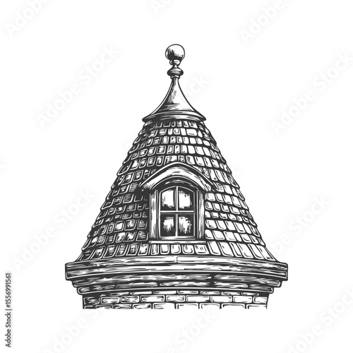 Conical Roof With Window Black And White Silhouette Illustration. Architectural Detail And Vintage Design. Isolated Vector Illustration