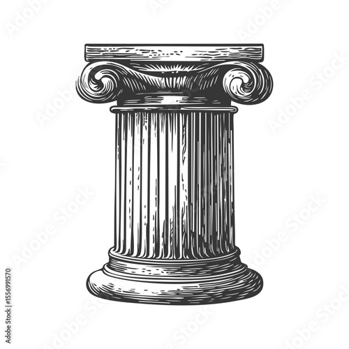 Ancient Ionic Column Black And White Silhouette Illustration. Symbol Of Classical Architecture And Stability. Isolated Vector Illustration