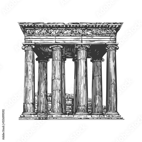 Ancient Greek Temple With Doric Columns Black And White Silhouette Illustration. Classical Architecture And Heritage Design Isolated Vector Illustration