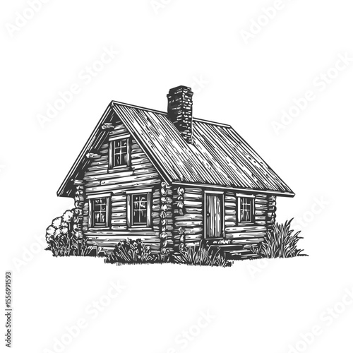 Rustic Log Cabin In Nature Black And White Silhouette Illustration. Symbol Of Simplicity And Tranquility In Rural Living. Isolated Vector Illustration
