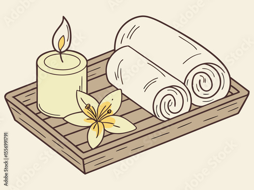 Relaxing spa composition with candles soft towel and flower arranged on wooden tray