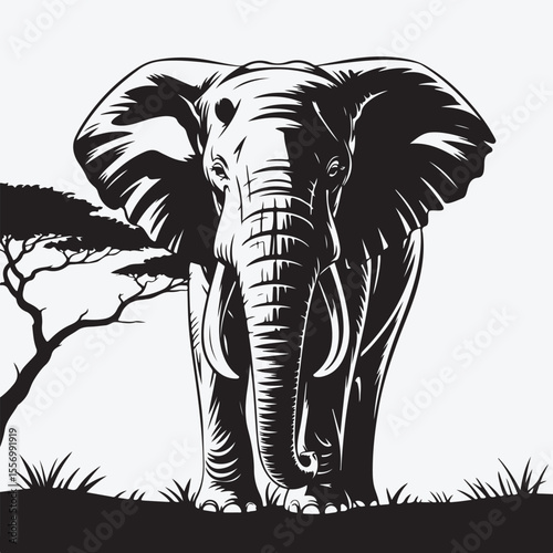 Elephant standing near a tree in black and white drawing
