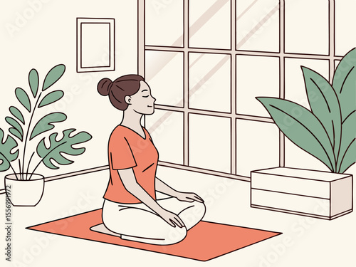 Young woman meditating on yoga mat in peaceful sunlit room with indoor plants