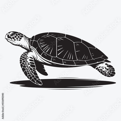 A black and white graphic illustration of a sea turtle