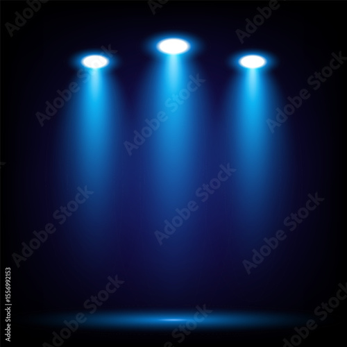 Isolated top down three blue spotlight with shadow on black background, perfect for stage or clipart use