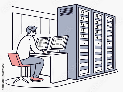 Male IT technician managing data servers while monitoring code on digital computer screens