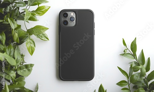 Sleek dark grey phone case on a white surface. Generative Ai