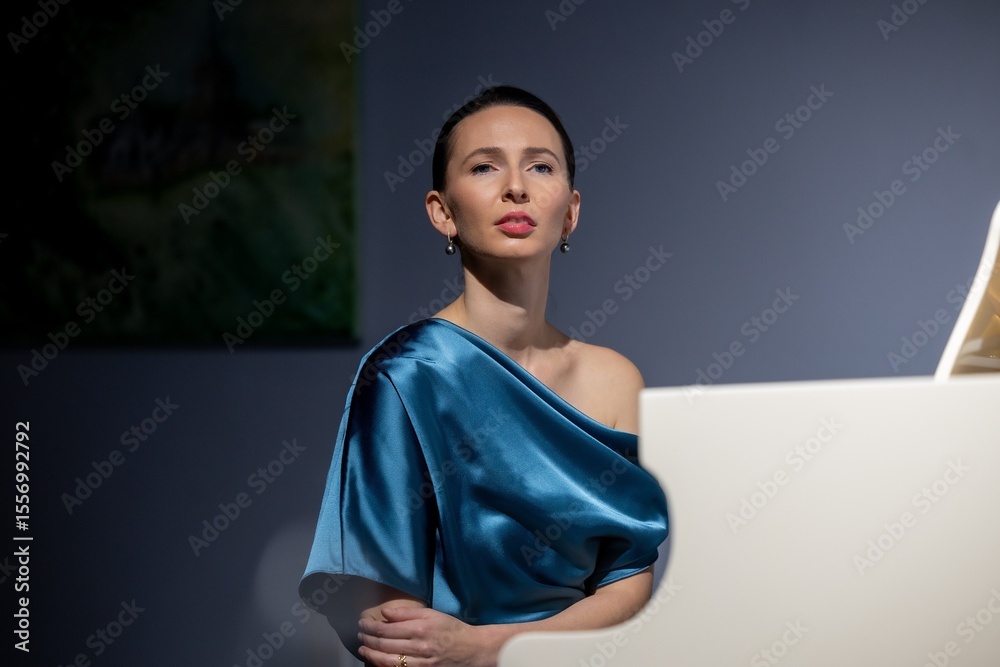 Obraz premium Talented pianist, beautiful woman, performer plays white grand piano