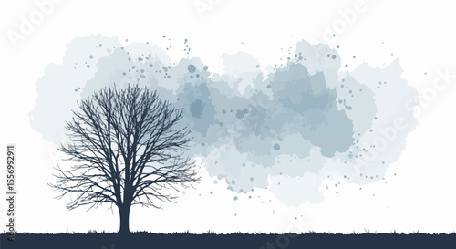 A minimalist tree in winter created with cool-toned watercolor splashes. Elegant and symbolic of solitude and stillness.