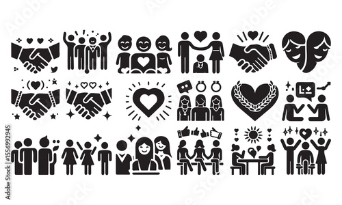  International Friendship Day. silhouette icons of handshake, linked hands, heart symbols, smiling faces, friendship bracelets, group of people silhouettes, chat vector illustration 
