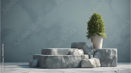 Stone podium with plant against a textured gray studio backdrop