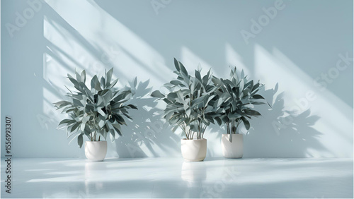 Three potted plants cast shadows on a light blue wall and floor