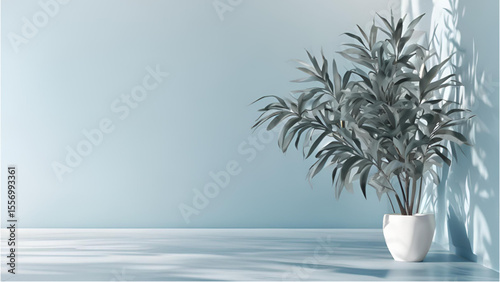 Potted plant casts shadows on a light blue wall in a minimalist interior