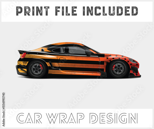 Orange and Black Striped Car Wrap Design with Stars