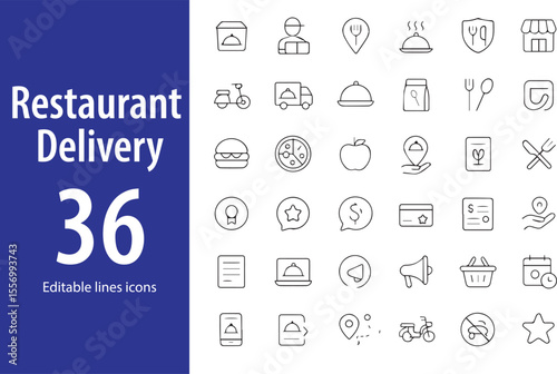 Restaurant Delivery Line Icons, Food Bag, Scooter, Smartphone Order, Hot Meal, GPS, Fast Delivery, Location Pin, and More , Editable Formats: AI, EPS, JPG, PNG , Ideal for Both Digital and Print Use