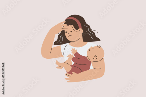 Illustrated Depressed Mother Holding Her Baby
