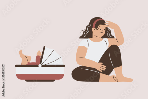 Illustration of Stressed Mother with Baby