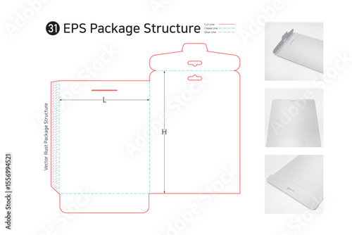 P1_31. It is a folder-type package that can store thin products and hang them on a hook to sell. package Dieline. Box structure.  