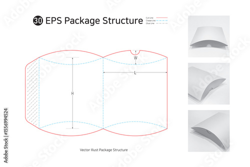 P1_30. It is a pillow shaped box and is used as a gift for clothing or accessories. package Dieline. Box structure. 