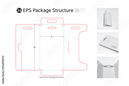 P1_34. It is an easy cut hanger type packaging that can carry thin, lightweight products and hang them on a hook to sell. package Dieline. Box structure. 
