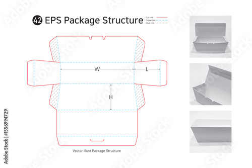 P1_42. It is a trapezoidal four-sided adhesive box with an open top and is used for hot dogs, gimbap, salads, and vegetable packaging. package Dieline. 