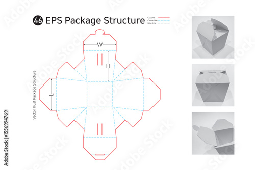 P1_46. It is an assembly box that is inexpensive and convenient as a take out packaging container. package Dieline. Box structure.