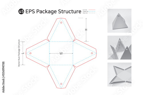 P1_45. This triangular horn type assembly box can be used for flowers, school supplies, pansies, accessories, and gift wrapping. package Dieline. Box structure.