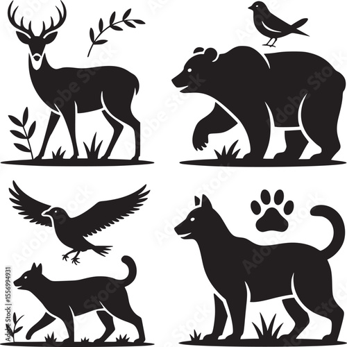 A collection of black silhouette illustrations featuring animals such as a deer, bear, birds, and dogs