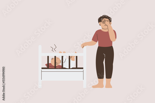 Tired Father with Crying Baby Illustration