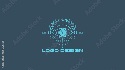 Mystical all-seeing eye logo design in blue tones with celestial symbols and ornamental details, ideal for spiritual branding, tarot, esoteric brands, and mystical identity visuals