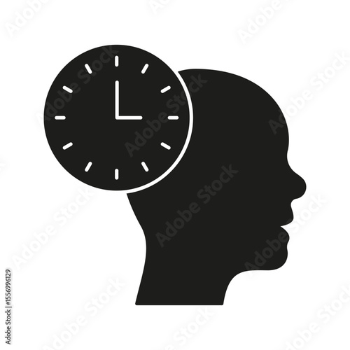 Head With Clock Solid Icon. Time Management, Productivity, And Mental Scheduling Silhouette Symbol. Cognitive Efficiency And Planning. Isolated Vector Illustration
