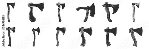 Vintage Axes And Hatchets Silhouette Set. Rustic Tools And Weaponry Collection For Historical And Outdoor Themes. Isolated Vector Illustration Collection